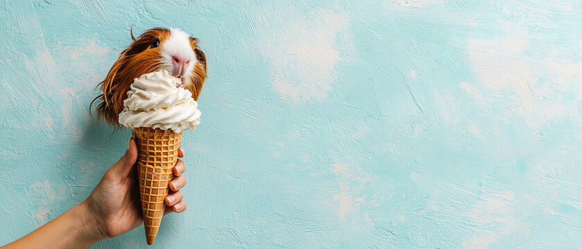 Hand holds ice cream cone with a cute guinea pig peeking out, against a textured light blue background