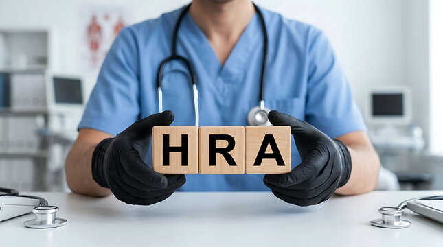 Medical professional in blue scrubs holding wooden blocks with HRA acronym