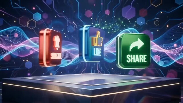 Subscribe, like, and share social media buttons rotating over futuristic neon technological background in motion video loop