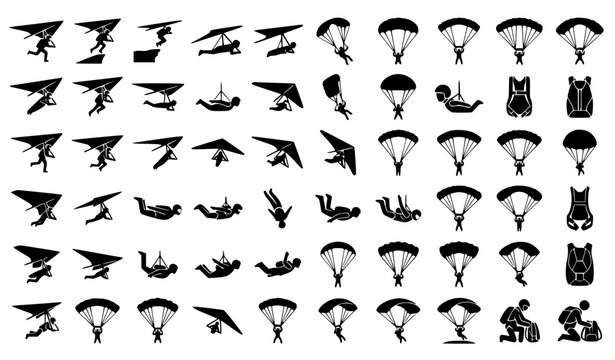 Dynamic Hang Glider Pilot and Skydiving Parachute Black Vector Silhouette Set