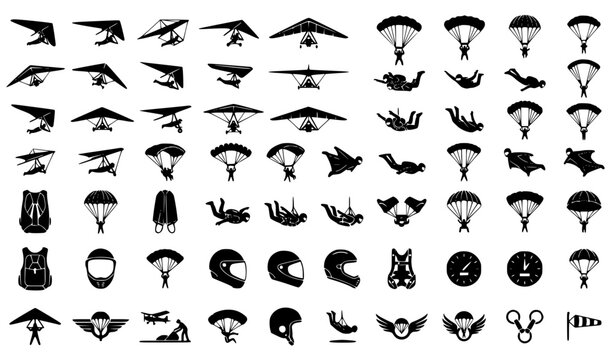Extreme Air Sports Hang Glider Skydiver and Parachute Black Silhouette Vector Set