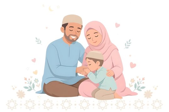 Muslim Family Birrul Walidain Child Kissing Father Hand Respect Parents Illustration
