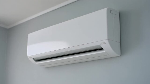 A complete white wall-mounted indoor air conditioner unit mounted high on a bedroom wall