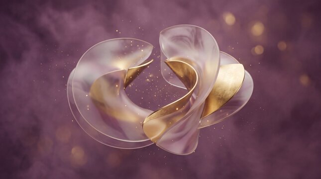 Abstract Elegant 3D Ribbon Art with Golden Accents and Translucent Curves on Dark Purple Background with Sparkles
