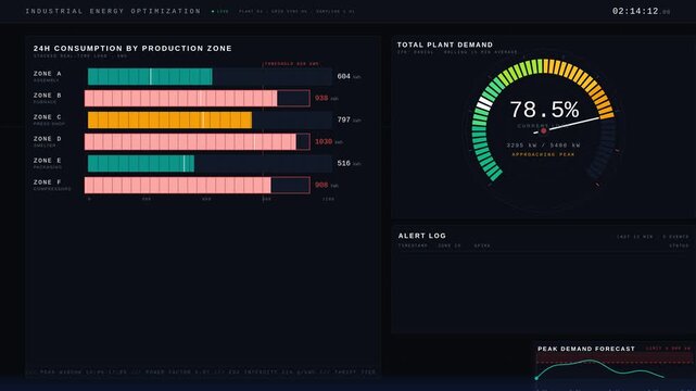 Monitor factory energy consumption and peak demand with this industrial optimization dashboard featuring real-time charts and alert notifications in a dark command-center design.