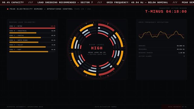 A dramatic peak electricity demand dashboard showcasing overload risks with dynamic animations, highlighting recommended load reductions and urgent alerts for grid management.