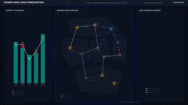 Explore a dynamic power grid load forecasting dashboard that compares regional demand and available capacity with animated visualizations and vibrant color coding.