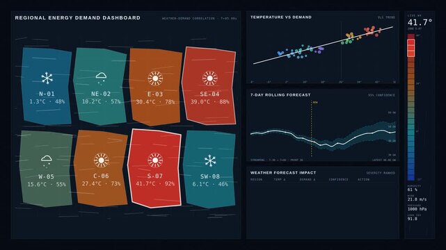 A sophisticated regional energy demand dashboard visualizes weather impacts and consumption forecasts with animated maps and time-series data in dark mode for environmental analytics.