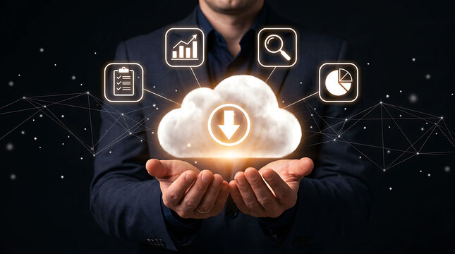 Businessman holding a digital cloud with download icon and business analytics