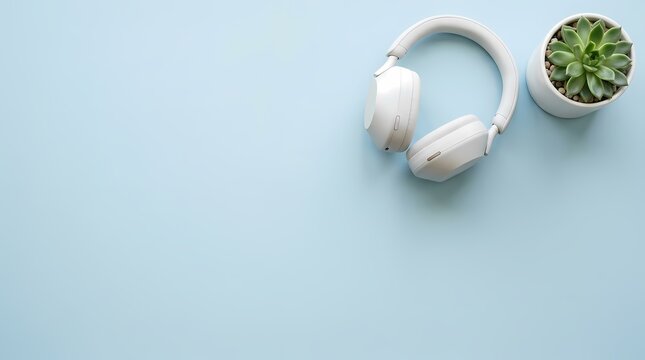 Minimalist white headphones, modern audio accessories with green succulent plant. Flat lay