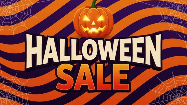 Animated halloween sale promotional graphic with glowing pumpkin and text on patterned purple with graphics with displays animated holiday, celebration