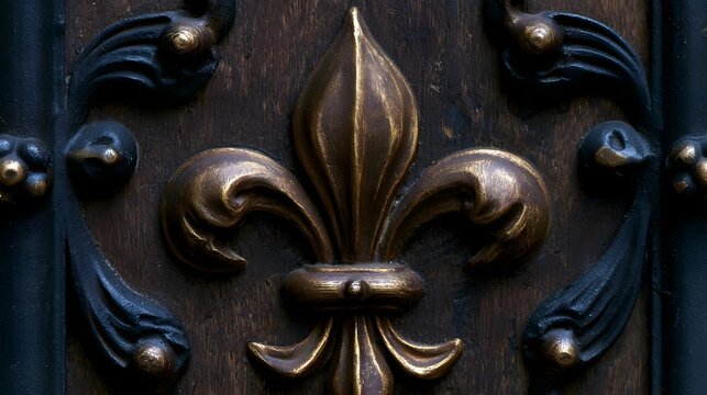 A golden fleur de lis emblem centered on a dark wooden door with ornate black metalwork accents