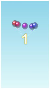Minimalist graphic of floating colorful balloons and the number three celebration.