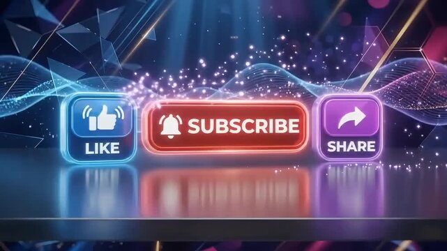 Subscribe button video animation featuring glowing social media icons like and share with abstract background motion graphics