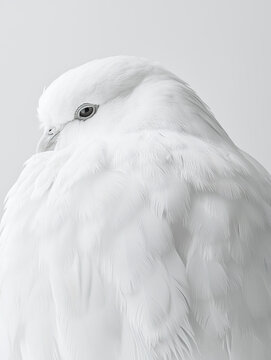 Pure white pigeon in profile, showcasing its intricate feather texture, striking dark eye, and subtle white beak against a light background