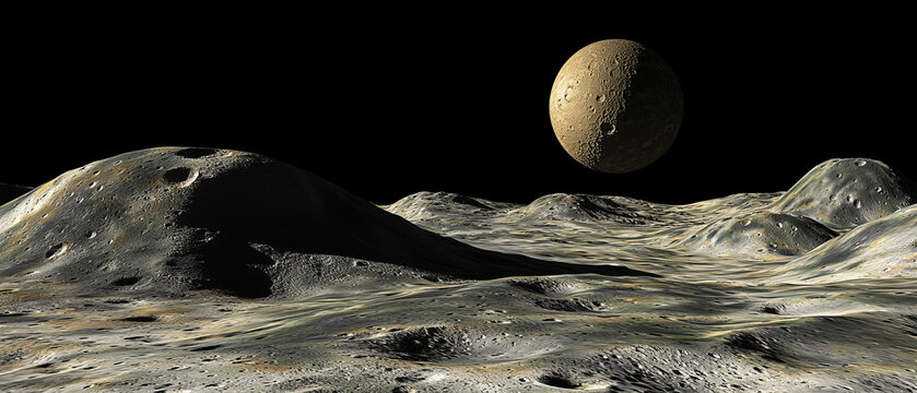 Rugged alien landscape with shadowed hills and numerous craters under a dark sky, featuring a large, textured planet/moon above