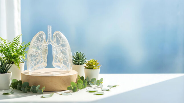 Transparent human lung model with plants, promoting respiratory health awareness for environmental campaigns.