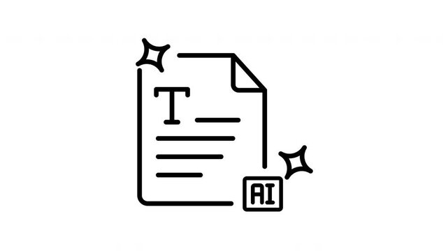 Animated document icon sparkles text lines letter t artificial intelligence symbol line art.