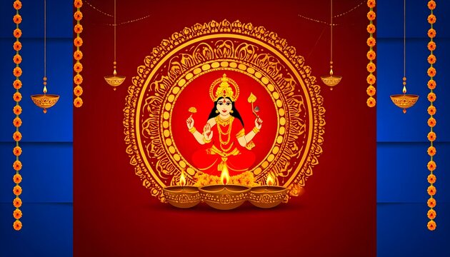 Goddess Durga with Golden Mandala and Hanging Diyas  Navratri Festival Greeting Banner