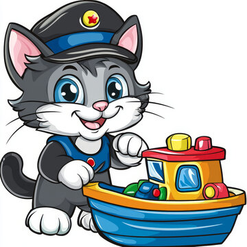 Smiling cartoon grey cat in a dark cap and blue shirt, playing happily with a vibrant toy boat featuring colorful lights