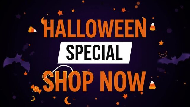 Halloween special shop now text animation with flying bats and candy corn on dark purple background with video animated halloween bats cobwebs holiday