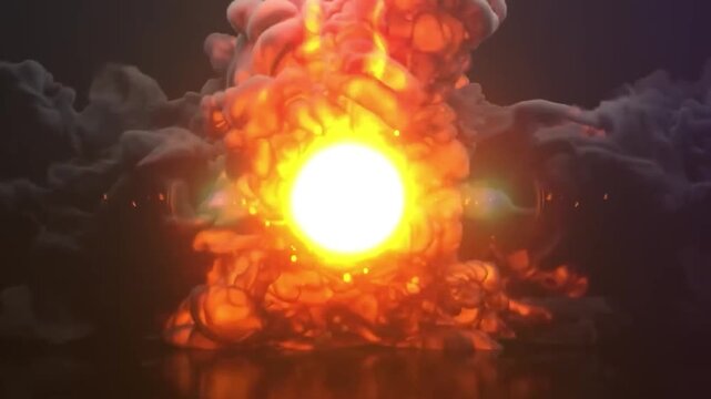 Fiery Explosion with Bright Glowing Core and Dramatic Smoke Clouds