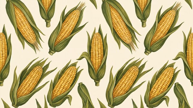 Hand drawn maize corn on the cob seamless repeating pattern background for textile and botanical wallpaper