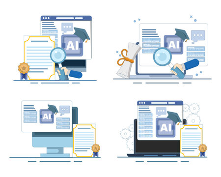 Artificial intelligence course set, online learning, certification programs, AI training, digital education, professional development, and machine learning study concept with vector icons