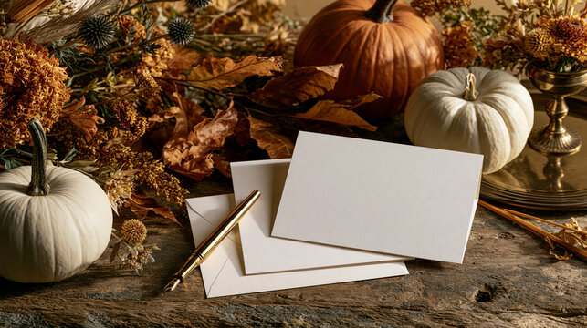 Blank greeting card mockup resting on wooden table surrounded by seasonal pumpkins dried flowers and golden autumn leaves