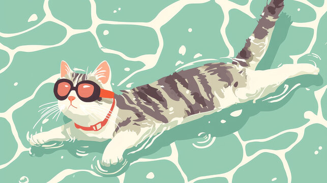 Stylized tabby cat wearing red goggles and collar, floating calmly in light blue-green water with gentle ripples