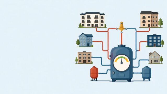 Central boiler system distributing heating and hot water to multiple residential buildings and housing units
