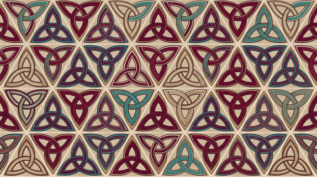 Traditional Celtic Trinity Knot Ornament Background with Triquetra Seamless Design for Textile and Decor