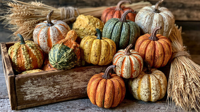 Colorful decorative pumpkins and gourds sitting inside rustic wooden crate alongside dried wheat stalks creating autumn atmosphere