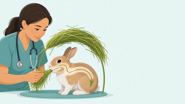 Veterinarian feeding rabbit hay for healthy teeth and digestion, showing digestive pathway with arrows