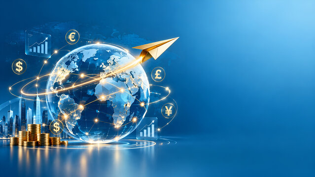 Global Business Growth Concept Featuring a Golden Paper Plane Flying Around a Digital Globe with Currency Symbols, Stacks of Gold Coins, and Financial Graphs on a Futuristic Blue Background