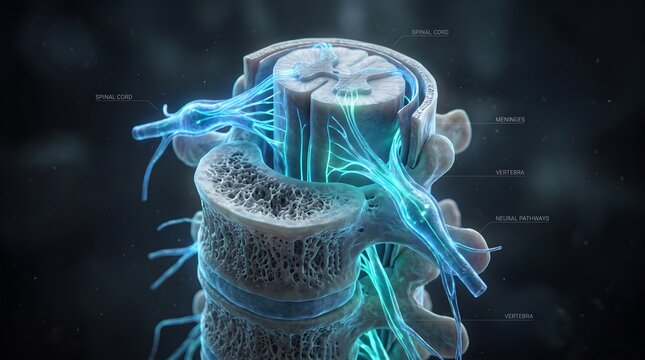 Detailed 3D rendering of the human spinal cord and nerves, highlighting the intricate neural network within the vertebral column.