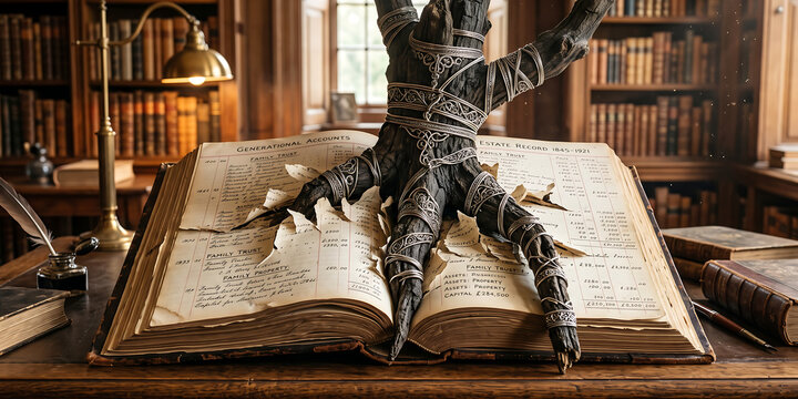 Dark clawed monster hand emerging from a torn vintage accounting ledger on a wooden library desk with old books.