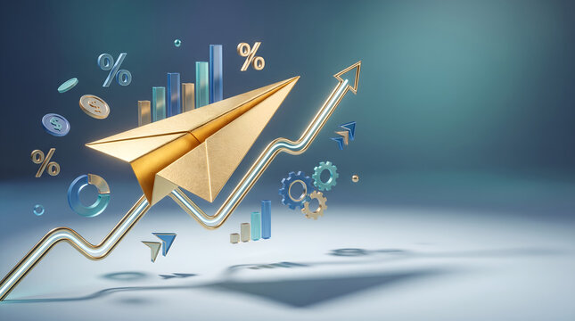 Golden paper plane flying upward following a rising stock market arrow graph with financial icons like percentage signs and coins, representing business success, growth, and investment strategy.