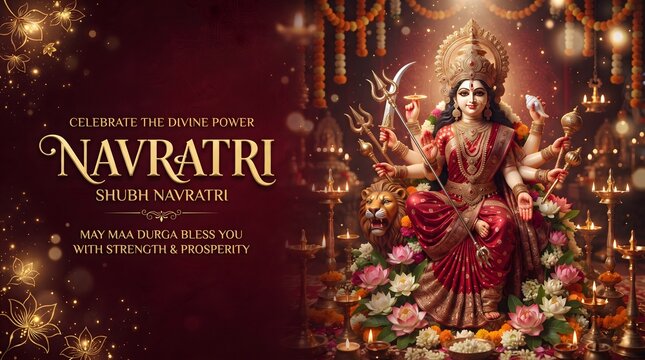 Goddess Durga Navratri Greeting Banner with Golden Crown, Glowing Diyas and Traditional Festival Decorations