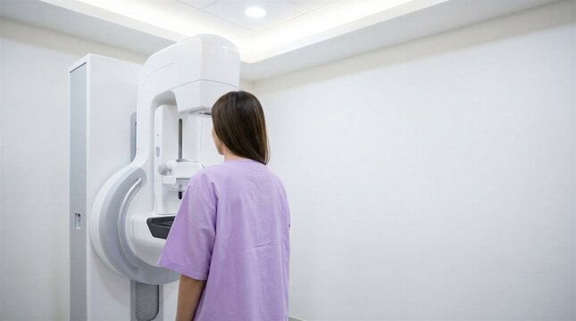 Female patient standing beside mammography equipment in modern medical clinic