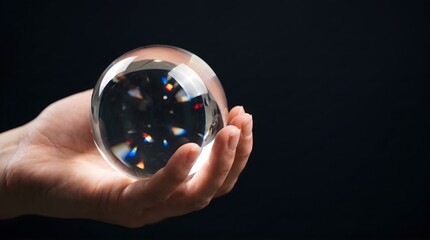 Obraz premium Macro Shot of a Hand Holding a Clear Glass Sphere with Prismatic Refraction, Copy Space