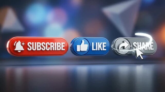 Subscribe, like, and share social media buttons with mouse cursor clicking animation loop video motion