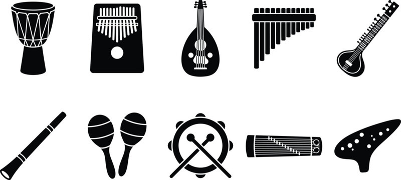 Traditional Ethnic Musical Instrument Icon Set with Djembe, Kalimba, Sitar, Pan Flute, Maracas, and Ocarina for Folk Music and Audio UI