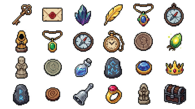 Set of various fantasy RPG game items and magical artifacts in pixel art style.
