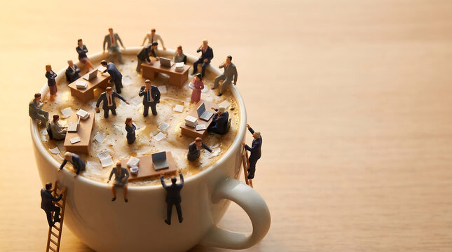 Miniature Business World: Tiny Office Workers Engaged in Busy Corporate Activities Inside a Coffee Cup on a Wooden Table