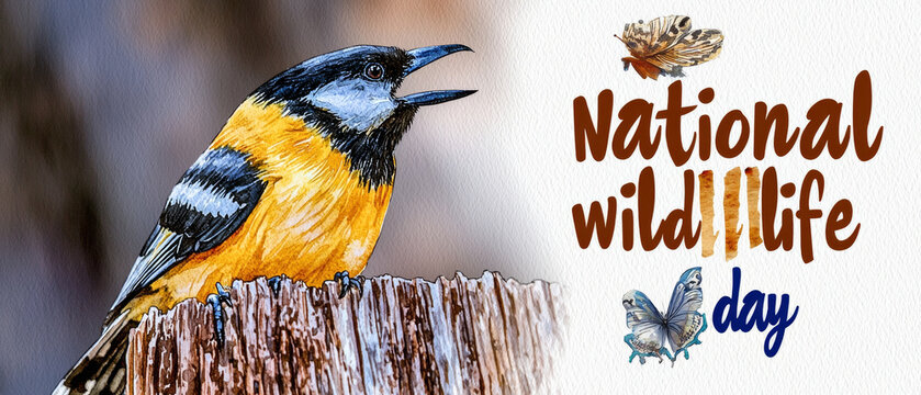 Watercolor bird (yellow, black, blue) on wooden post, open beak, National Wildlife Day text, with two vibrant butterflies