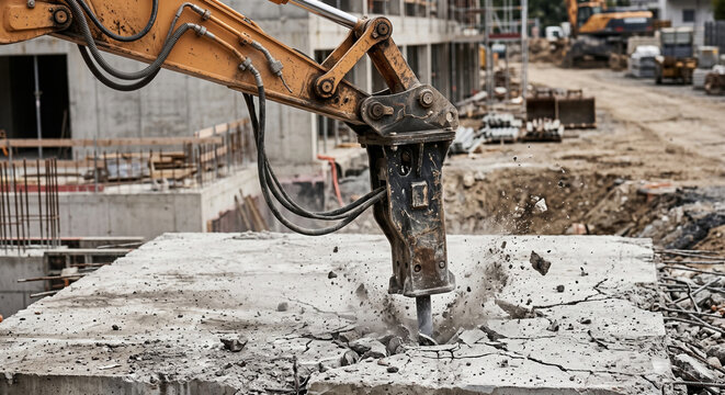 Excavator with hydraulic breaker smashing concrete slab at construction site