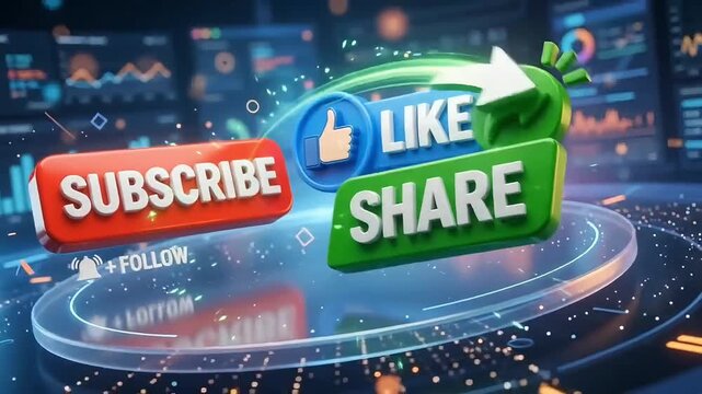 Subscribe, like, and share social media buttons video animation with cursor clicking concept and graphic background footage