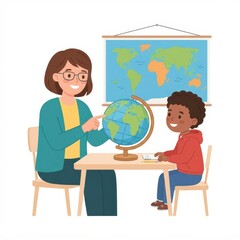 Fototapeta premium Teacher and student studying geography with globe