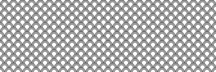 Minimalist seamless black and white Japanese Seigaiha wave pattern. Geometric fish scale background for textiles and design. © Enka Enka